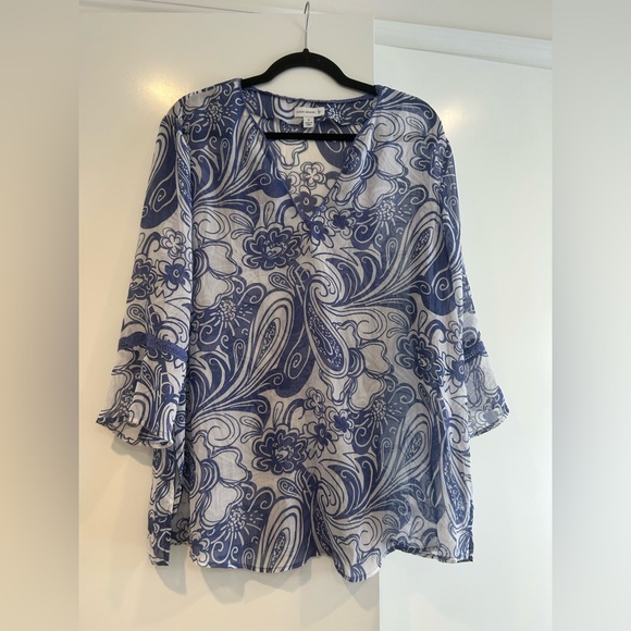 Susan Graver Style Pullover Top Sheer Plus 1X Blue White Swirl Chiffon Tunic Top - Picture 2 of 10